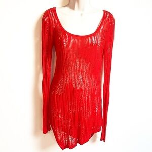 Express Tunic Sweater Open Knit Scoop Neck Asymmetrical Hem Pullover Red Small